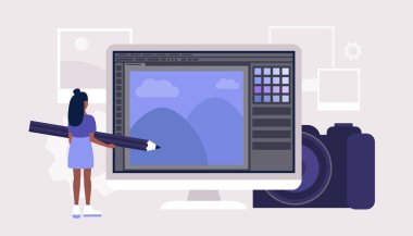 Kalem ve fotoğraf düzenleme bilgisayar programı karakteri. Fotoğrafçı için dijital çizim programı. Renkli düz vektör çizimi.