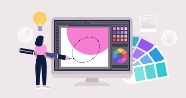Grafik tasarım konsepti. Büyük bir kalem ve grafik editörü olan karakter. Renkli düz vektör çizimi.