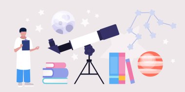 Astronomi konsepti. Astronom teleskopla yıldızlara ve gezegenlere bakıyor. Renkli düz vektör illüstrasyonu.