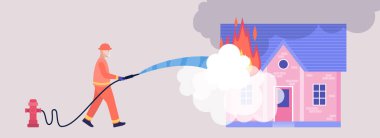 İtfaiyeci Acil Durum Konsepti. Kurtarma ekipmanlı itfaiyeci karakteri arabayı söndürün. Renkli düz vektör illüstrasyonu.