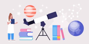Astronomi konsepti. Astronom teleskopla yıldızlara ve gezegenlere bakıyor. Renkli düz vektör illüstrasyonu.