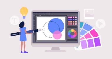 Grafik tasarım konsepti. Büyük bir kalem ve grafik editörü olan karakter. Renkli düz vektör çizimi.