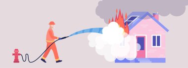 İtfaiyeci Acil Durum Konsepti. Kurtarma ekipmanlı itfaiyeci karakteri arabayı söndürün. Renkli düz vektör illüstrasyonu.