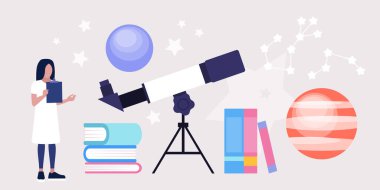 Astronomi konsepti. Astronom teleskopla yıldızlara ve gezegenlere bakıyor. Renkli düz vektör illüstrasyonu.