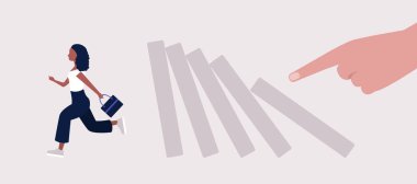 Risk, kriz konsepti. Genç karakter domino etkisinden kaçar. Düz bir şekilde vektör illüstrasyonu