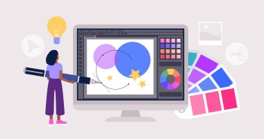 Grafik tasarım konsepti. Büyük bir kalem ve grafik editörü olan karakter. Renkli düz vektör çizimi.