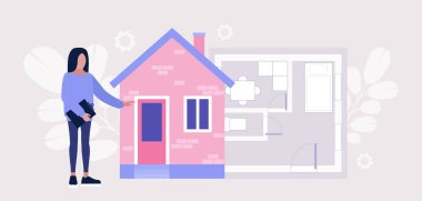 Mimar çizim ve inşaatın yanında duruyor. Renkli düz vektör illüstrasyonu