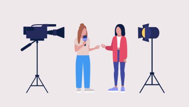 Gazeteci bir karakterle röportaj yapıyor. Televizyondaki haberler, spiker, sunucu, haber programı yazarı. Düz bir şekilde vektör illüstrasyonu