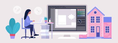 Karakter gelecekteki evin bir resmini çizer. Renkli düz vektör illüstrasyonu