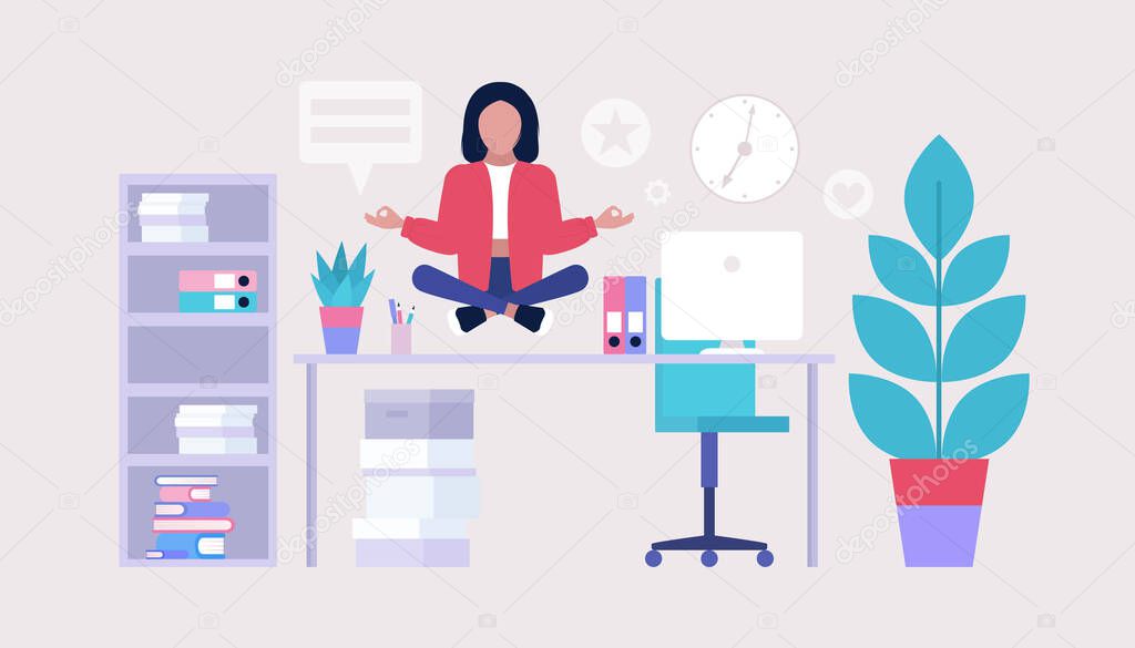 Relax and meditate concept. Young character meditating at home or office. Freelancer. Worker. Vector illustration in a flat style