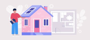 Mimar çizim ve inşaatın yanında duruyor. Renkli düz vektör illüstrasyonu