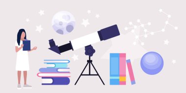 Astronomi konsepti. Astronom teleskopla yıldızlara ve gezegenlere bakıyor. Renkli düz vektör illüstrasyonu.