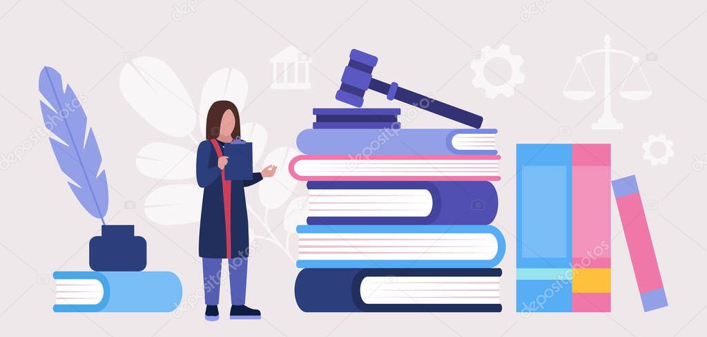 Court process, legal services. Lawyer, notary, judge, attorney understands the case. Colorful flat vector illustration.