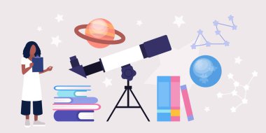 Astronomi konsepti. Astronom teleskopla yıldızlara ve gezegenlere bakıyor. Renkli düz vektör illüstrasyonu.