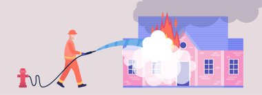 İtfaiyeci Acil Durum Konsepti. Kurtarma ekipmanlı itfaiyeci karakteri arabayı söndürün. Renkli düz vektör illüstrasyonu.