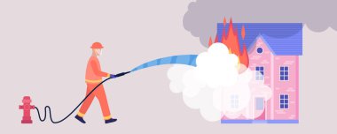 İtfaiyeci Acil Durum Konsepti. Kurtarma ekipmanlı itfaiyeci karakteri arabayı söndürün. Renkli düz vektör illüstrasyonu.