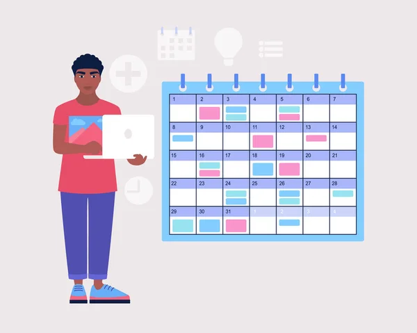 若い文字は ラップトップ上のオンラインカレンダーを記入します 時間管理の概念 平面図のベクトル図 — ストックベクタ