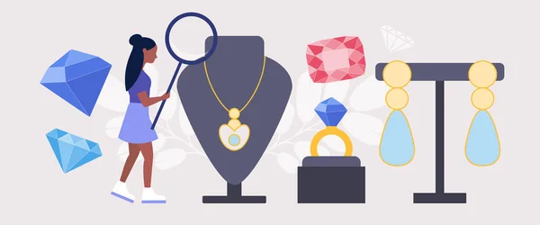 Jeweler Jewelry Concept Jeweler Examines Details Piece Jewelry Colorful Flat — Stock Vector
