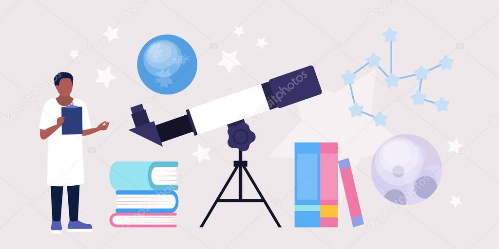 Astronomy concept. Astronomer looking through a telescope at the stars and planets. Colorful flat vector illustration.