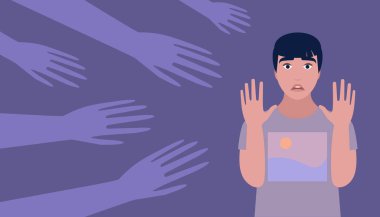 Panik atak, fobi, korku, konsept. Karanlıktan gelen eller korkmuş karaktere uzanır. Düz bir şekilde vektör illüstrasyonu