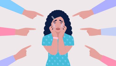 Utanç, suçluluk, kınama kavramını tasvir et. Bir grup insan ağlayan bir karakteri işaret ediyor. Düz bir şekilde vektör illüstrasyonu