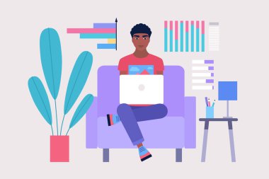 İş analizi konsepti. Genç karakter bilgileri, projeleri, istatistikleri analiz eder. Düz bir şekilde vektör illüstrasyonu