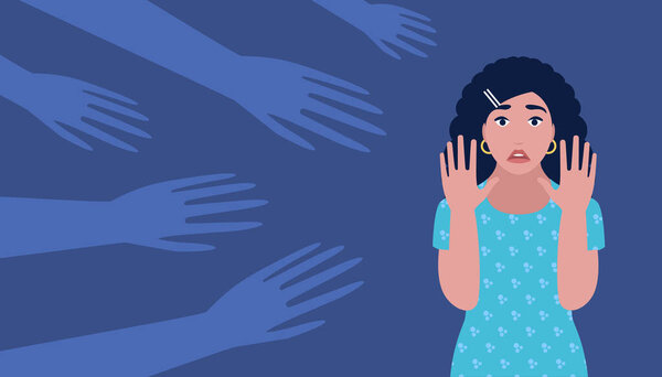 Panic attack, phobia, fear, fright concept. Hands from the dark reach out to the frightened character. Vector illustration in a flat style