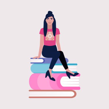 Kitapların üzerinde oturan karakter. Eğitim konsepti, kitap okumak, bilgi edinmek. Düz bir şekilde vektör illüstrasyonu