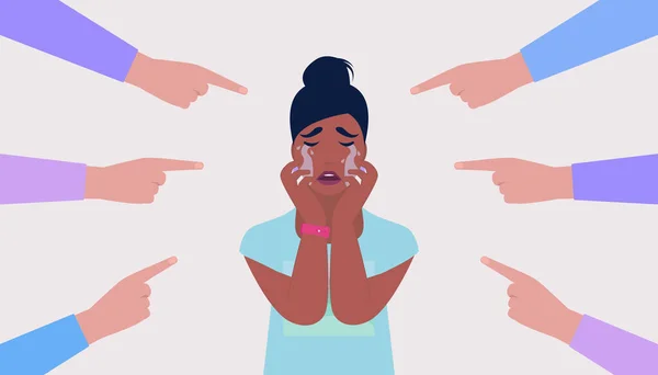 责难的概念例证 一群人把手指指向一个哭哭啼啼的人 用扁平的方式表示矢量图解 — 图库矢量图片