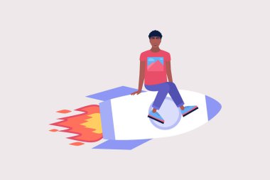 Karakter bir roketin üzerinde uçuyor. Başarılı, başlangıç konsepti. Düz bir şekilde vektör illüstrasyonu