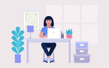 Çalışma akışı illüstrasyonu. Genç karakter evde ya da ofiste dizüstü bilgisayarla çalışıyor. Serbest çalışan biri. İşçi. Düz bir şekilde vektör illüstrasyonu