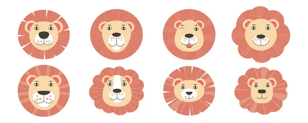 Set Aus Verschiedenen Löwenköpfen Vektor Illustration Flachen Stil — Stockvektor