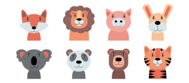 Farklı hayvan kafaları. Düz bir şekilde vektör illüstrasyonu