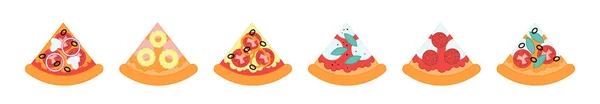 Ilustración Diferentes Piezas Pizza Con Quesos Salchichas Quesos Especias Verduras — Vector de stock