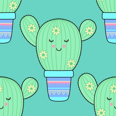 Şirin Cacti 'nin vektör deseni. Kartlar, elbiseler ve diğer şeyler için tasarım