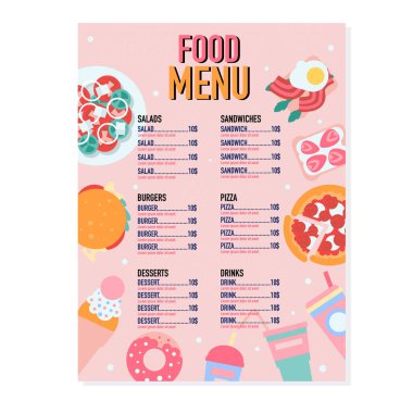Yemek menüsü şablonu. Düz bir şekilde vektör illüstrasyonu
