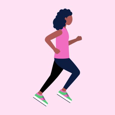 Koşu yapan kadın. Koşan kadınla vektör çizimi. Maratona hazırlanıyorum. Düz biçim