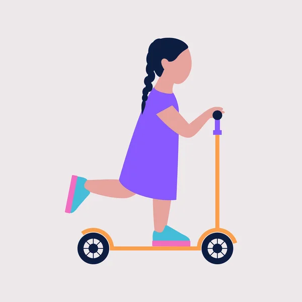 Scooter Süren Küçük Bir Kız Renkli Düz Vektör Illüstrasyonu — Stok Vektör