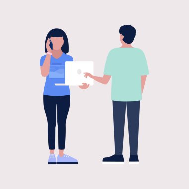 Beyaz arka planda izole edilmiş, konuşan insanların canlandırması. Düz çizgi film tarzında renkli vektör illüstrasyonu