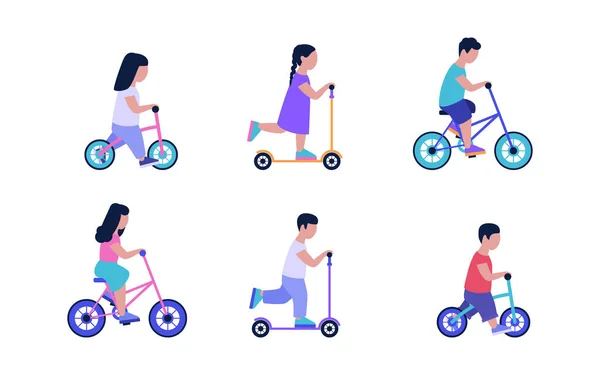 Дети Велосипедами Скутерами Цветная Плоская Векторная Иллюстрация — стоковый вектор