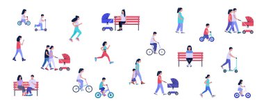 Yürüyen insanlar grubu. Açık hava aktiviteleri, aile yürüyüşleri, randevular, iş. Renkli düz vektör illüstrasyonu