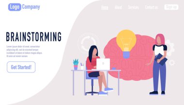 Ampullü genç bir kadın. İş analizi ve fikir üretme konsepti. İniş sayfası. Düz bir şekilde vektör illüstrasyonu. 