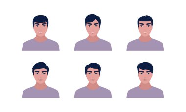 Çeşitli saç stilleri olan bir grup genç adam. Düz bir şekilde vektör illüstrasyonu