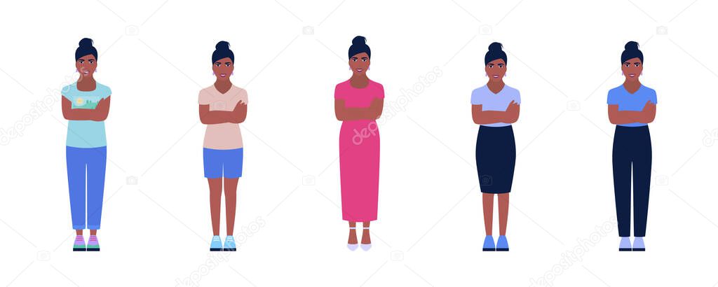 Set of young woman with various clothes. Vector illustration in a flat style