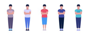 Çeşitli kıyafetleri olan bir grup genç adam. Düz bir şekilde vektör illüstrasyonu