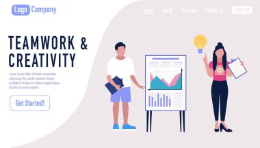 İnsanlar bilgi, proje, istatistik tartışır, analiz eder. Beyin fırtınası konsepti. İniş sayfası. Düz bir şekilde vektör illüstrasyonu.