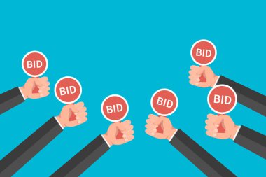 Eller açık arttırma küreğini tutuyor. Düz vektör illüstrasyonu.