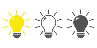 Ampul simgesi. Çizgi, katı ve doldurulmuş renkli sürüm, özet ve doldurulmuş vektör işareti. 