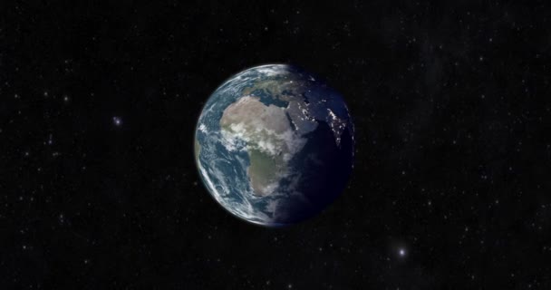 Animation of Earth seen from space, the globe spinning on satellite view on dark star background. Global space exploration space travel concept digitally generated image. — Stock Video