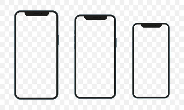 現実的なスマートフォンのモックアップ。空白の表示独立したテンプレートを持つ携帯電話のフレーム、電話の異なる角度のビュー。ベクトルモバイルデバイスのコンセプト — ストックベクタ